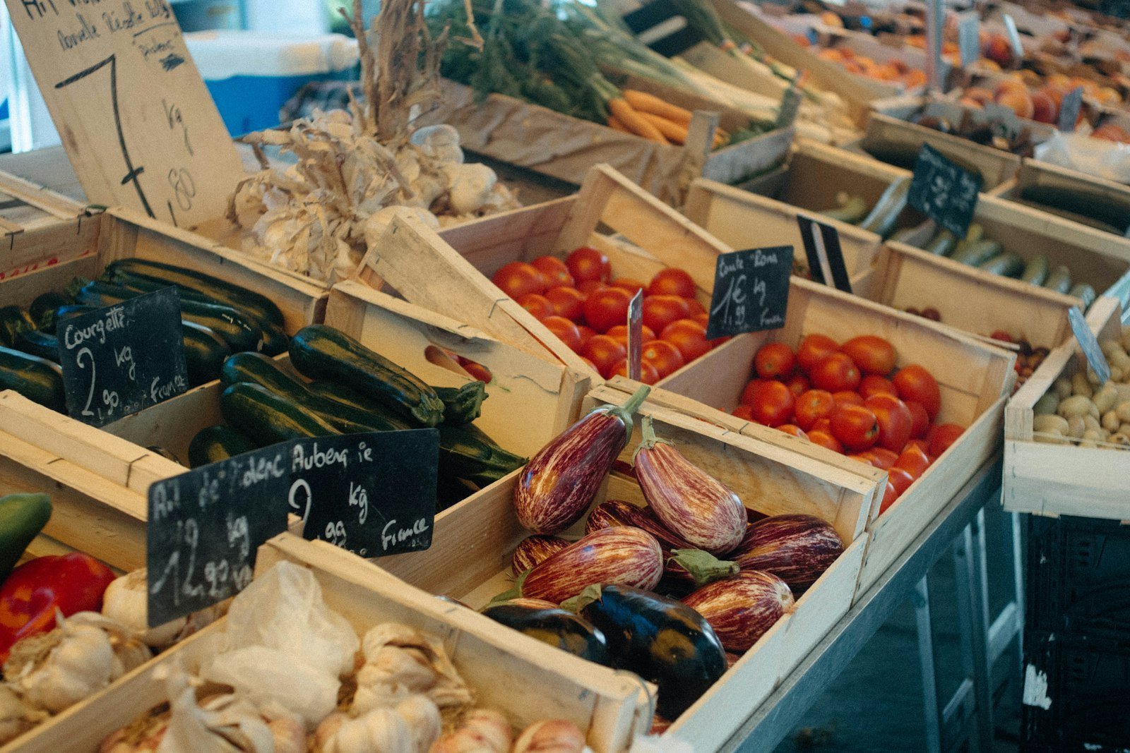 Fresh vegetables in market crates